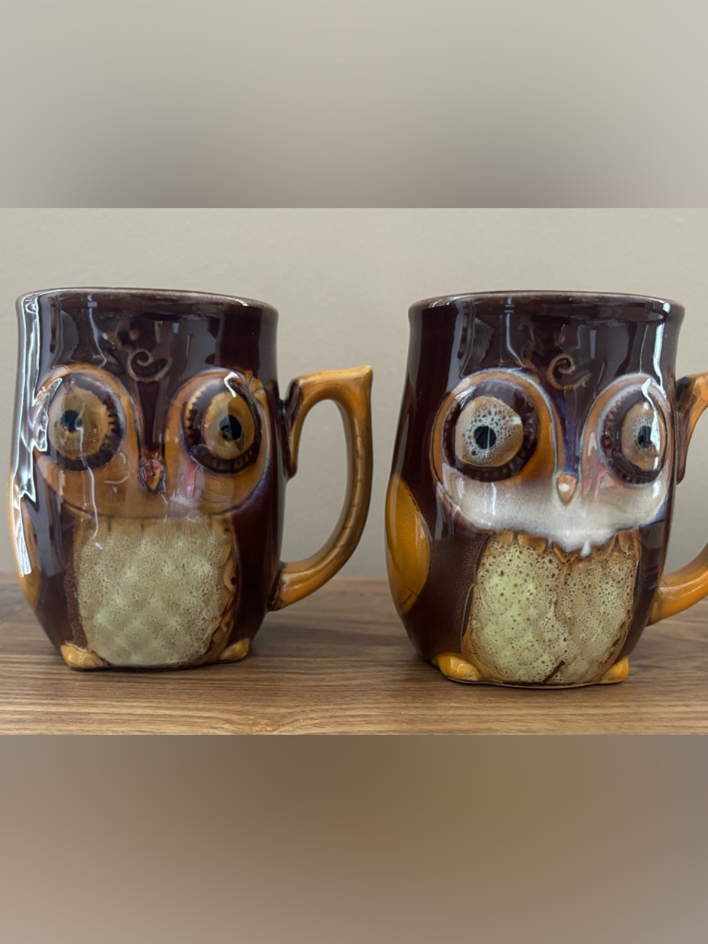 Vintage Gibson Home 2 Owl Coffee Mug Set Ceramic Stoneware UNUSED Brown Sage